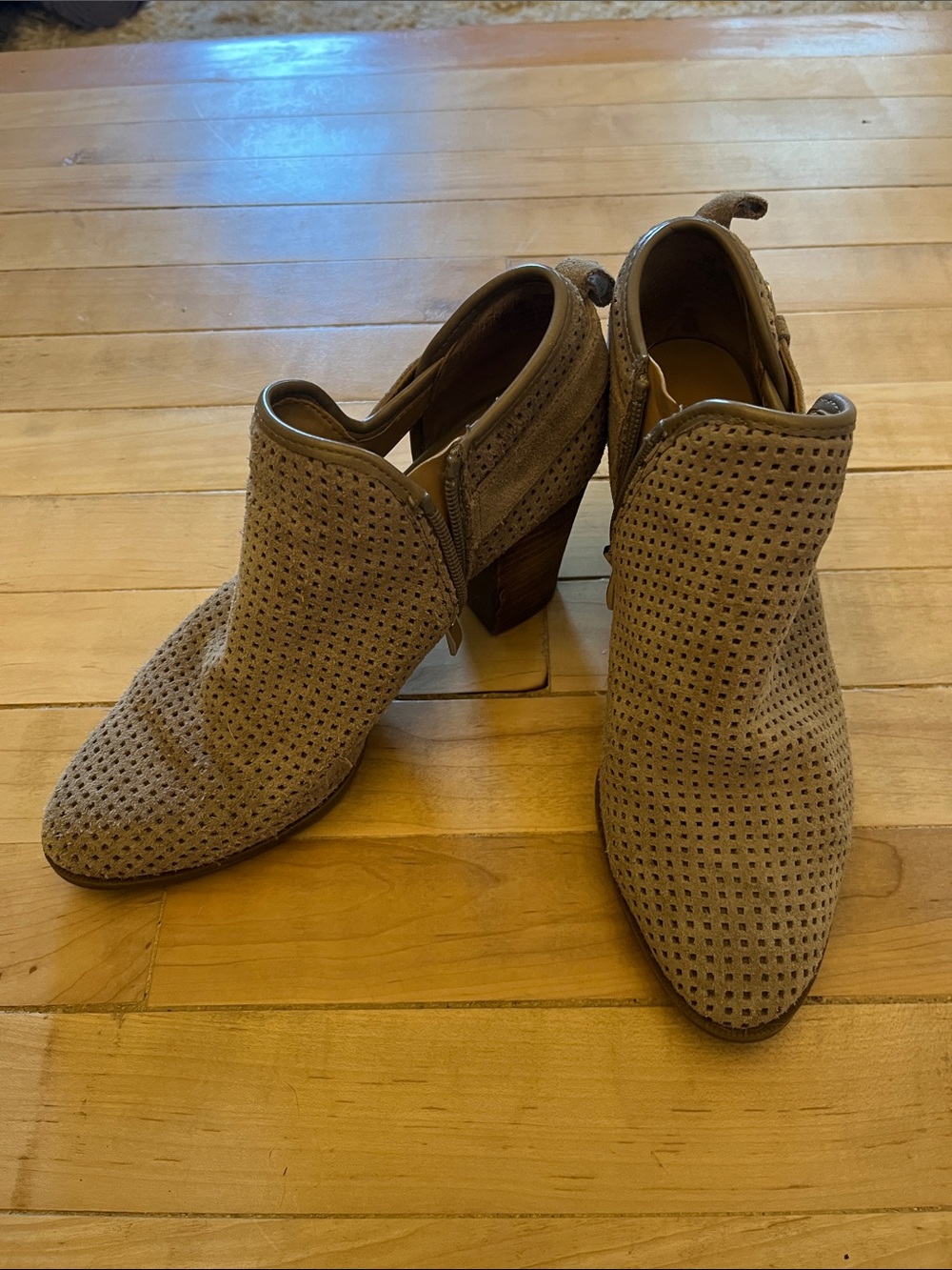 Franco Sarto Taupe Perforated Suede Block Heel Ankle Booties
